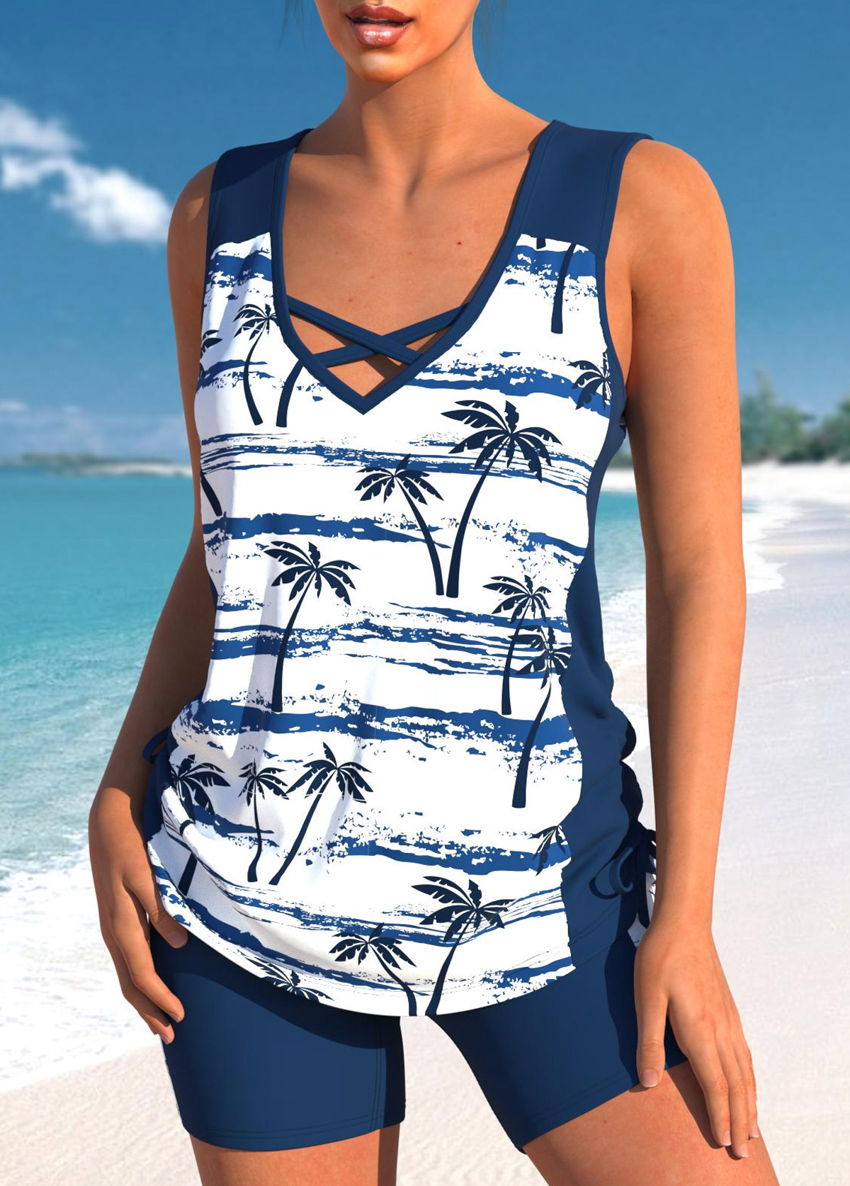 Navy plus size,White plus size,Plants plus size,ROTITA Plus Size Tropical Plants Print Tankini Top