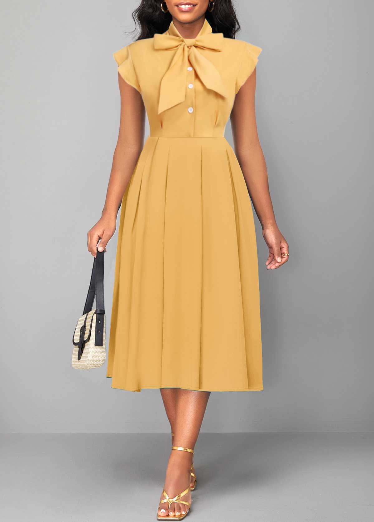 Light Yellow dresses,Plain Color dresses,ROTITA Button Light Yellow Tie Collar Short Sleeve Dress