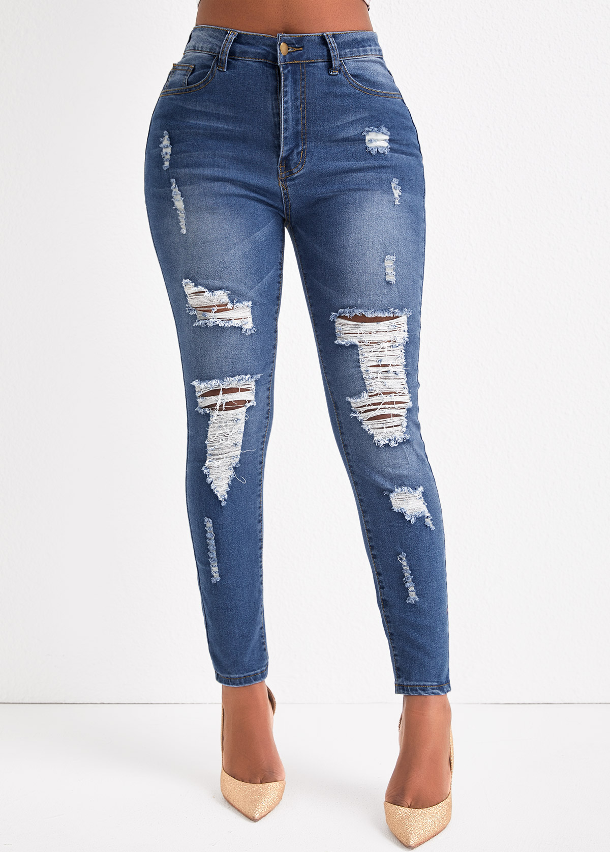 Denim Blue bottoms,Plain Color bottoms,Hole Denim Blue Skinny Zipper Fly Jeans