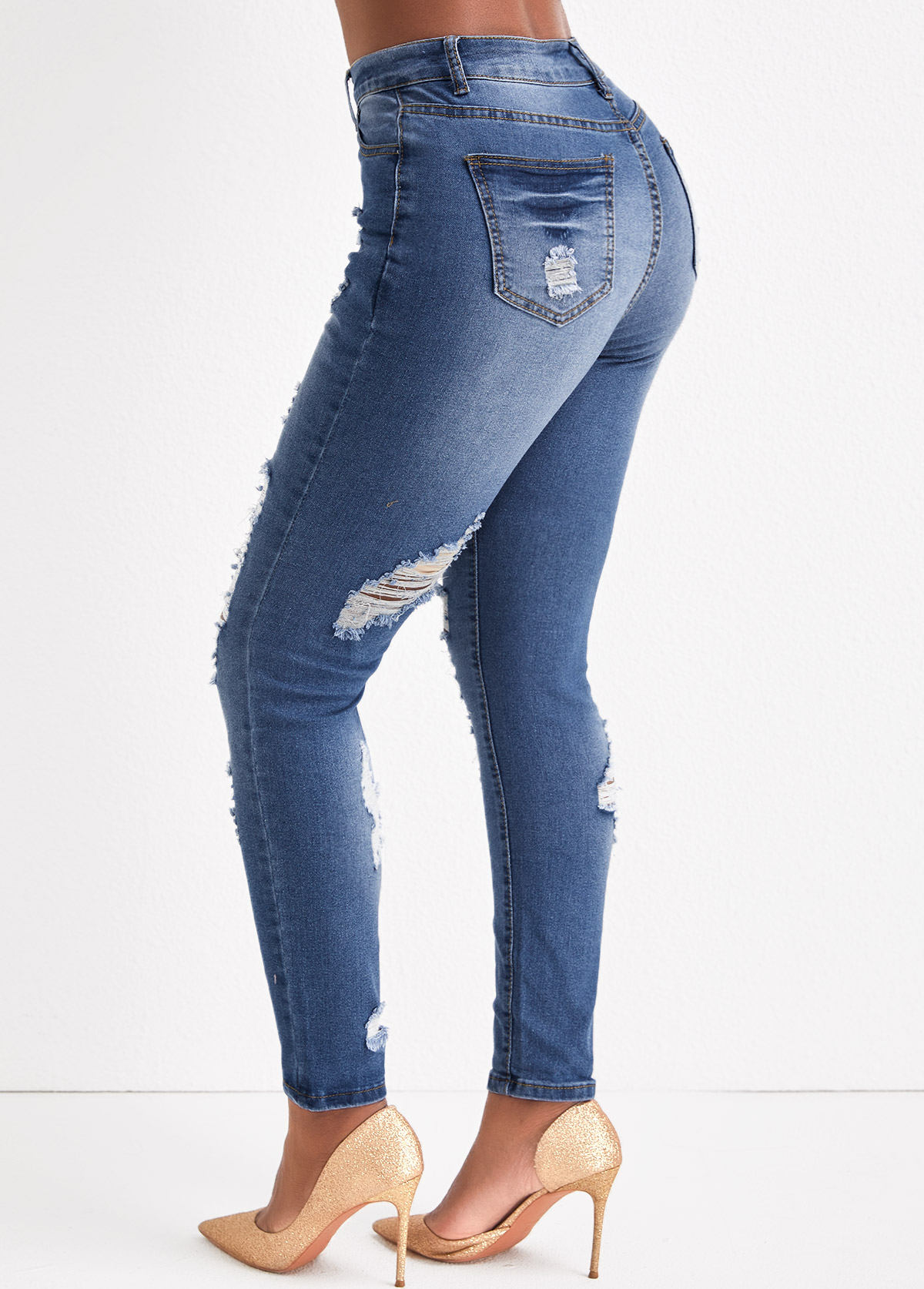 Denim Blue bottoms,Plain Color bottoms,Hole Denim Blue Skinny Zipper Fly Jeans