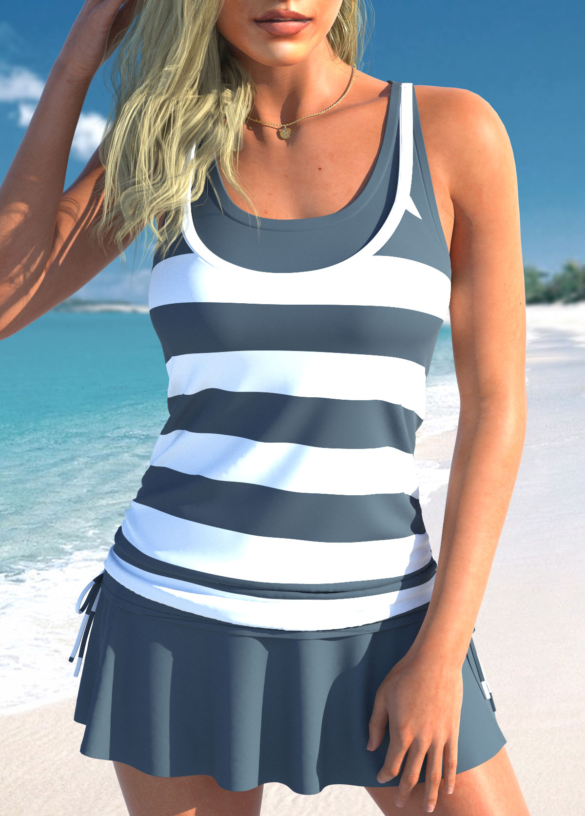 Fake 2in1 Dark Grey Striped Tankini Set