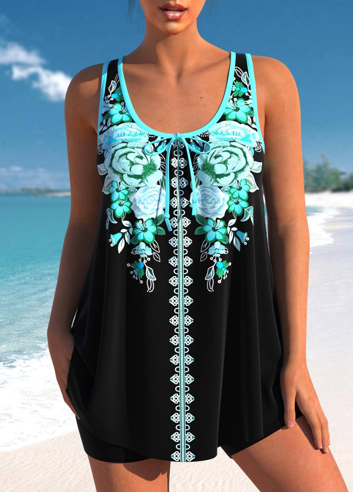 Bowknot Cyan Floral Print Tankini Set