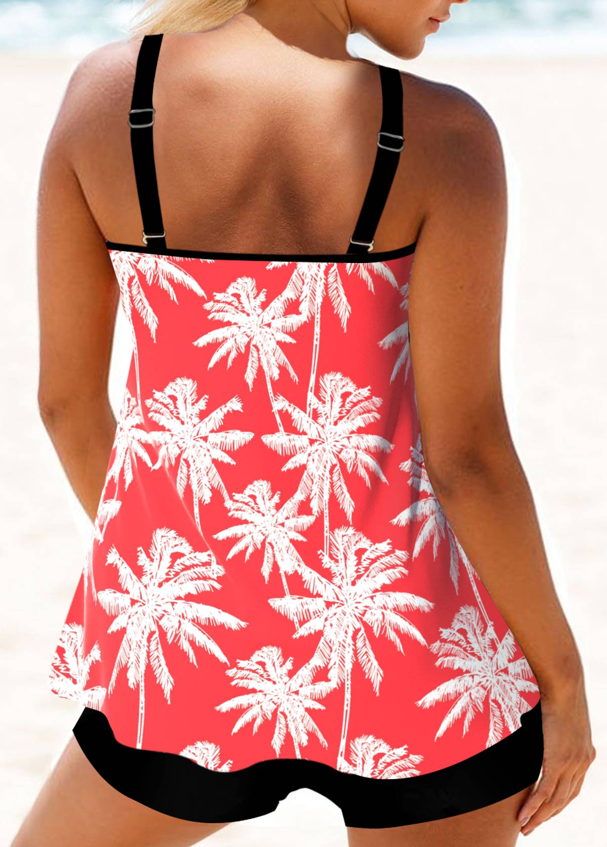 Coral swimwear,Plants swimwear,ROTITA Metal Ring Coral Red Leaf Print Tankini Top