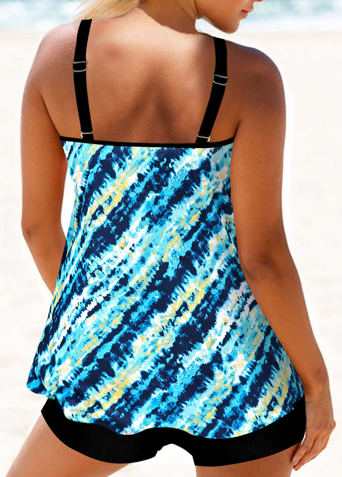 Blue swimwear,Striped swimwear,ROTITA Metal Ring Blue Multi Stripe Print Tankini Top