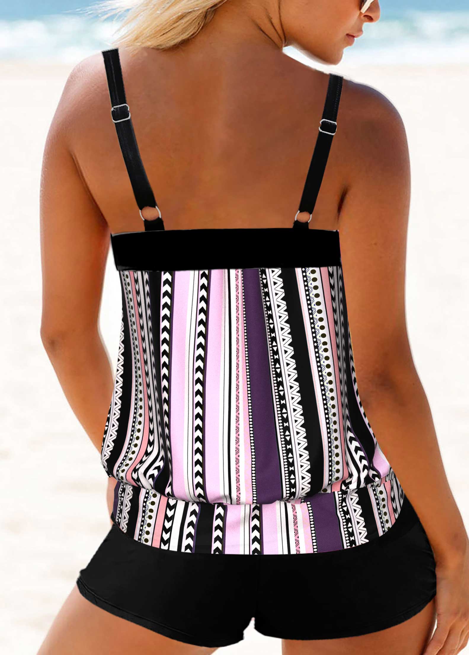 Light Pink swimwear,Striped swimwear,Geometric swimwear,Dot swimwear,ROTITA Light Pink Multi Stripe Print Tankini Top