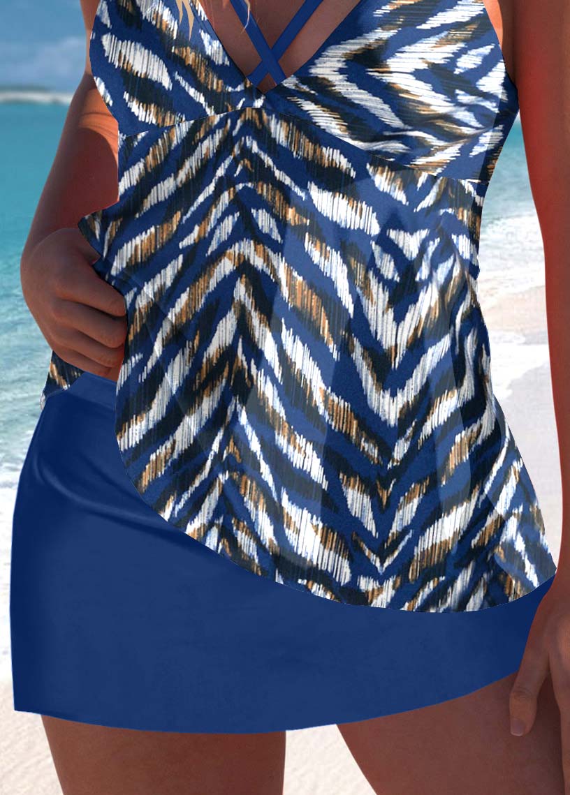 Blue swimwear,Animal Print swimwear,ROTITA Criss Cross Blue Animal Print Tankini Top