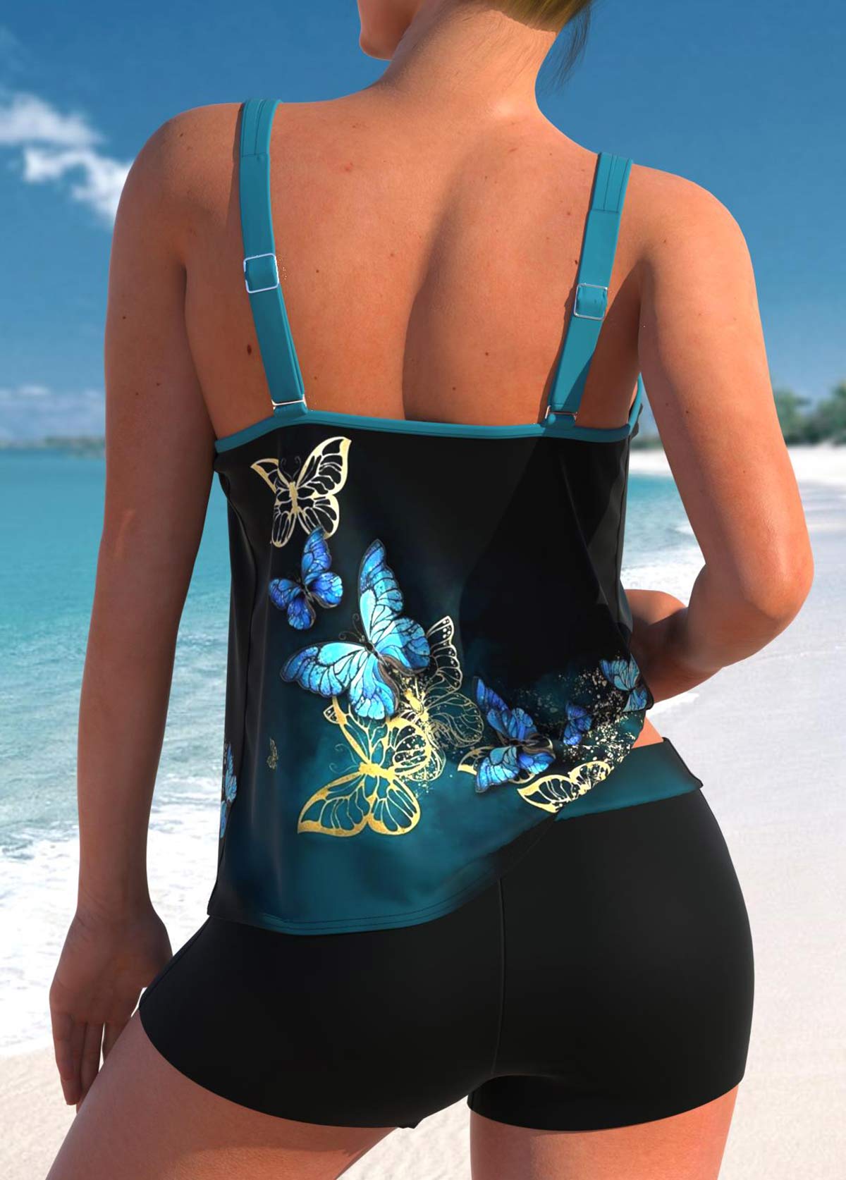 Peacock Blue swimwear,Black swimwear,Animal Print swimwear,Ombre swimwear,ROTITA Peacock Blue Ombre Butterfly Print Tankini Top
