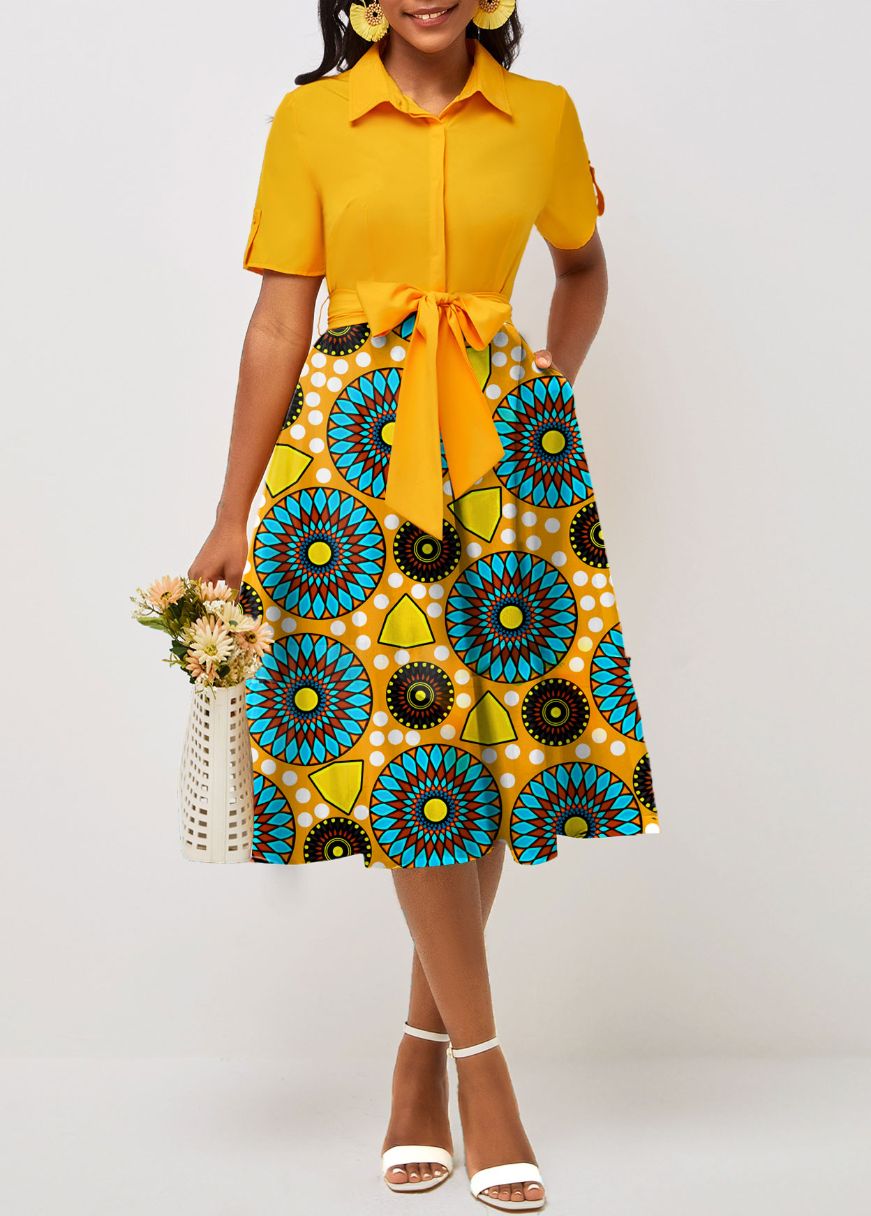 ROTITA Pocket Tribal Print Yellow Belted Shirt Collar Dress