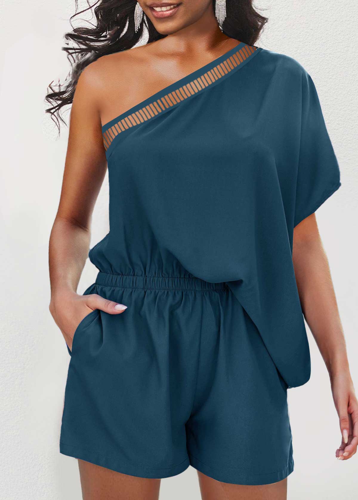 ROTITA Peacock Blue One Shoulder Pocket Romper