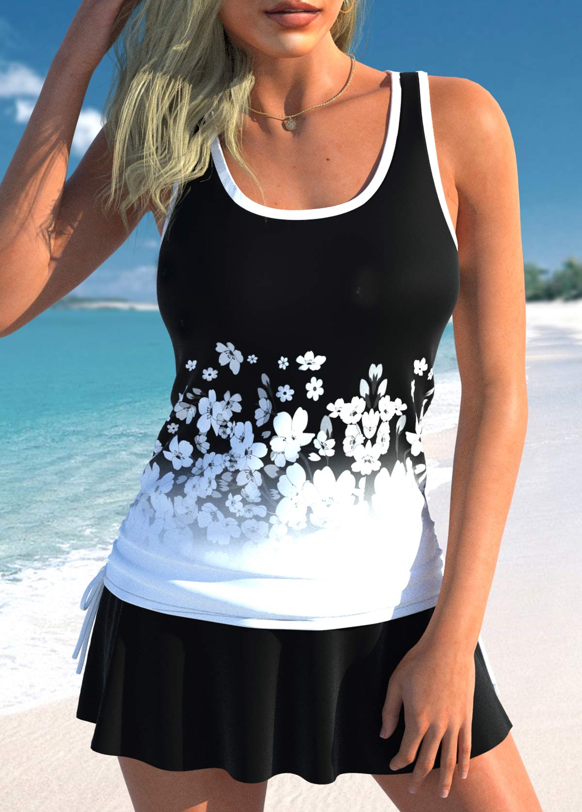 Drawstring Black Floral Print Tankini Set