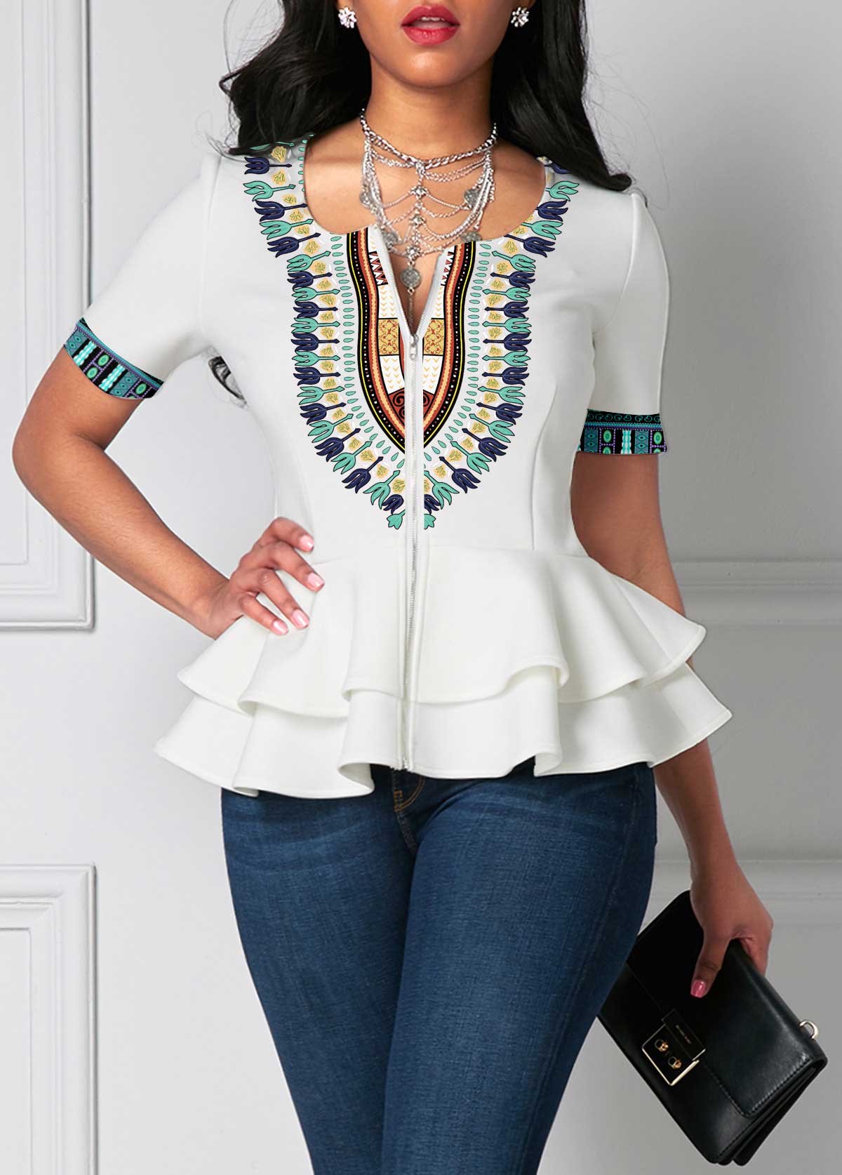 White tops,Tribal tops,Striped tops,ROTITA Patchwork Tribal Print White Round Neck T Shirt