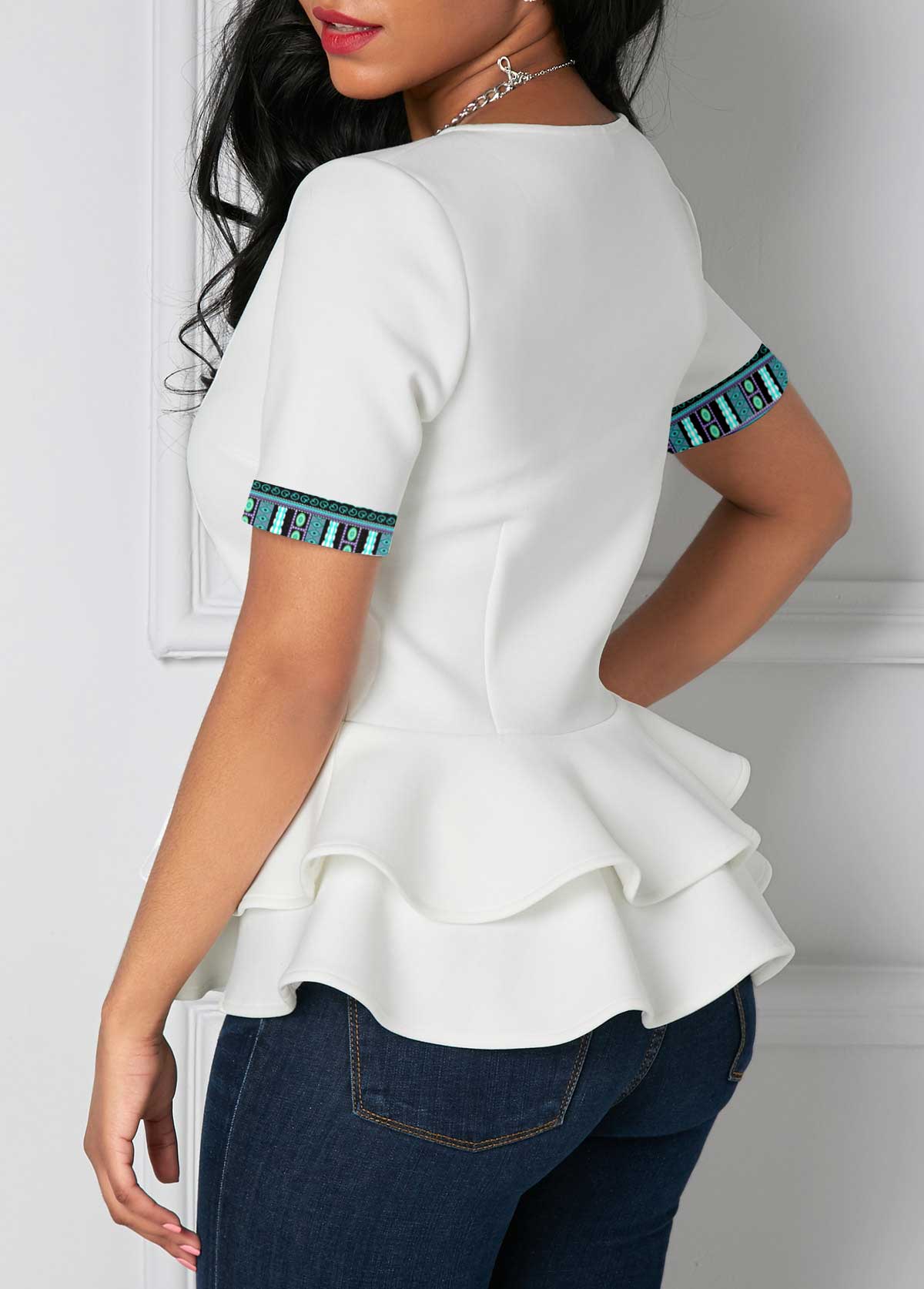 White tops,Tribal tops,Striped tops,ROTITA Patchwork Tribal Print White Round Neck T Shirt