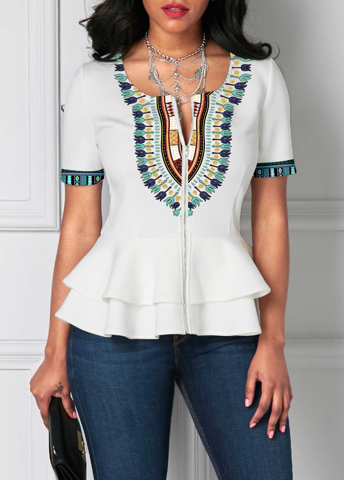 White tops,Tribal tops,Striped tops,ROTITA Patchwork Tribal Print White Round Neck T Shirt