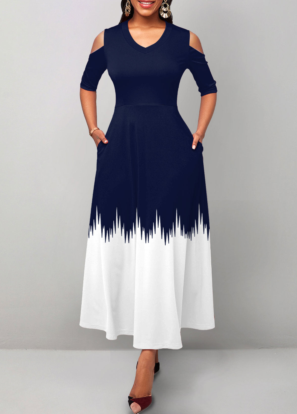 Navy dresses,White dresses,Geometric dresses,ROTITA Pocket Geometric Print Navy V Neck Maxi Dress