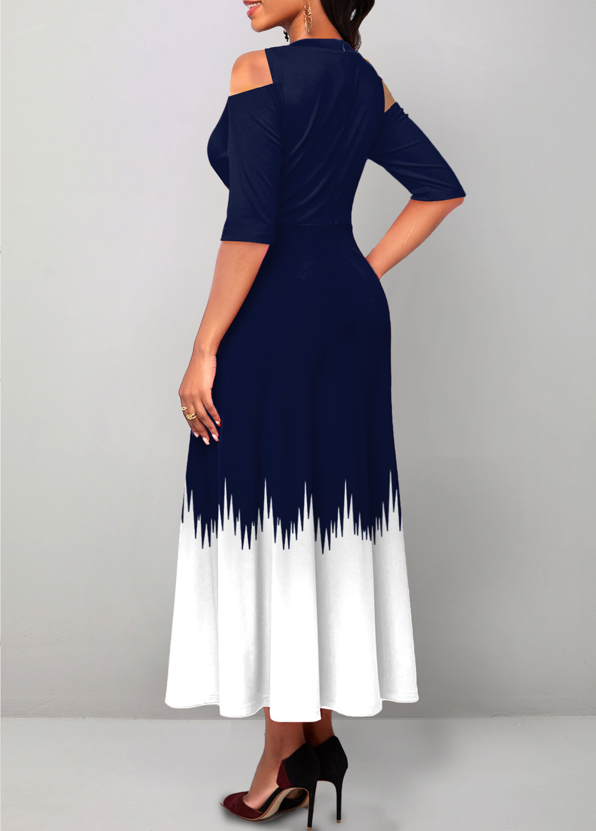 Navy dresses,White dresses,Geometric dresses,ROTITA Pocket Geometric Print Navy V Neck Maxi Dress