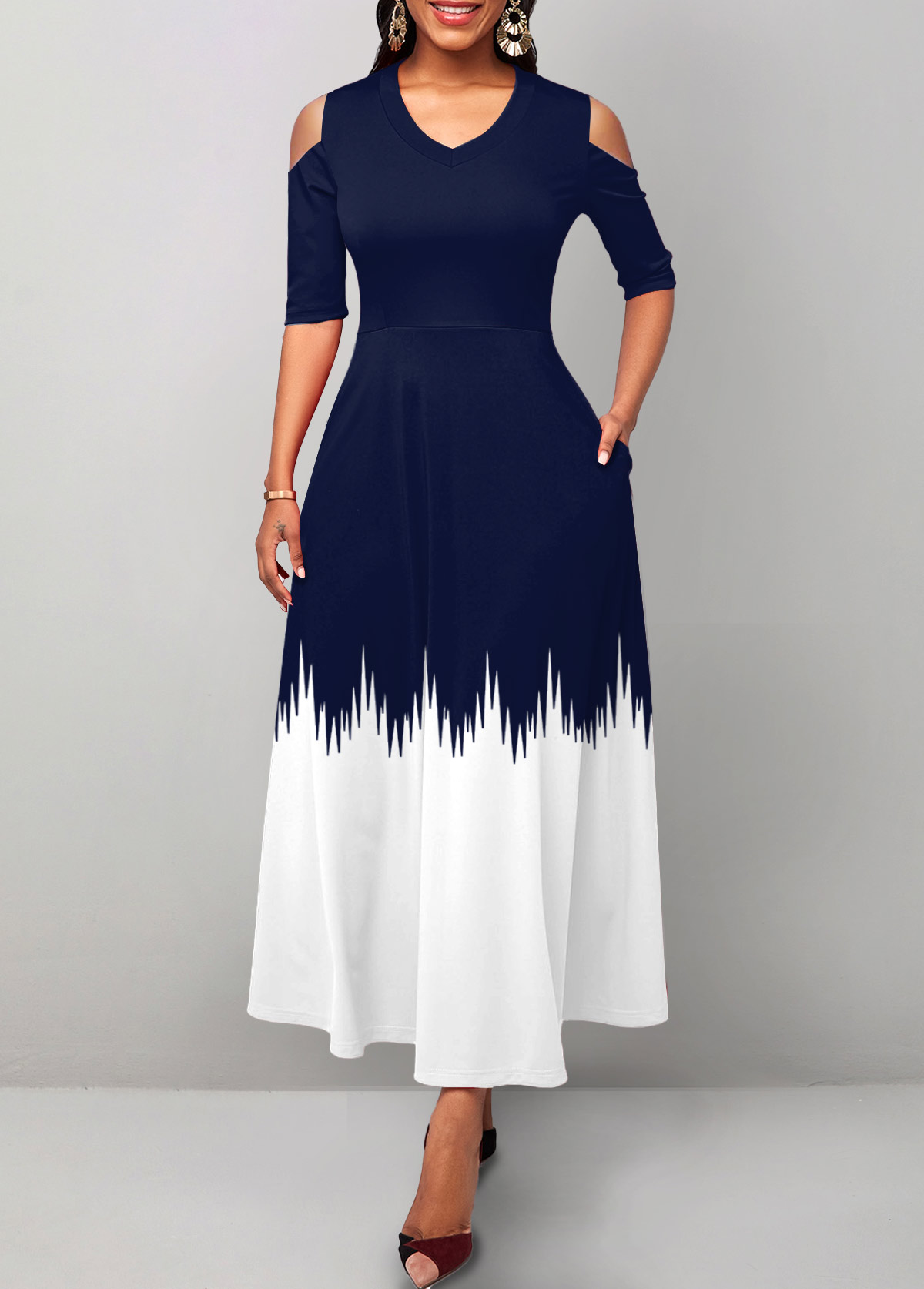 Navy dresses,White dresses,Geometric dresses,ROTITA Pocket Geometric Print Navy V Neck Maxi Dress