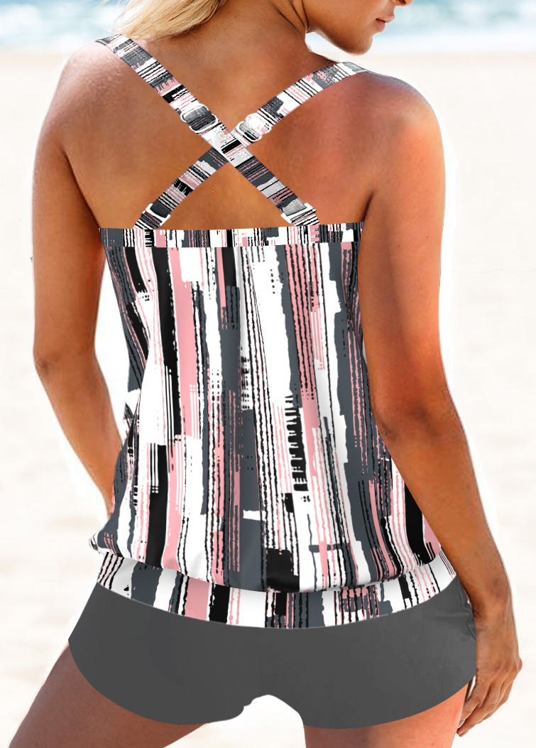 Grey swimwear,Geometric swimwear,Striped swimwear,ROTITA Criss Cross Grey Geometric Print Tankini Top
