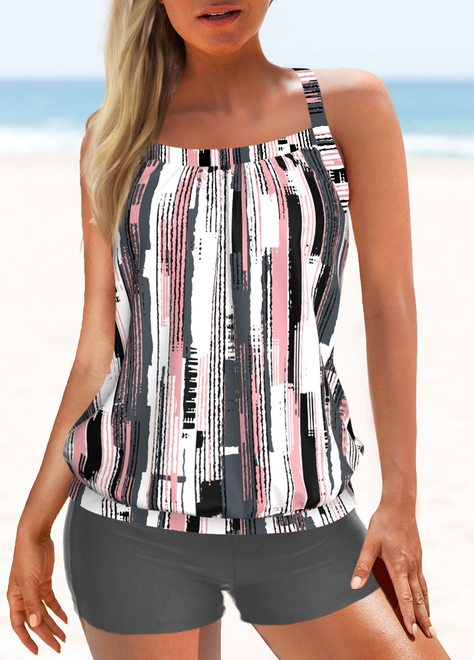 Grey swimwear,Geometric swimwear,Striped swimwear,ROTITA Criss Cross Grey Geometric Print Tankini Top