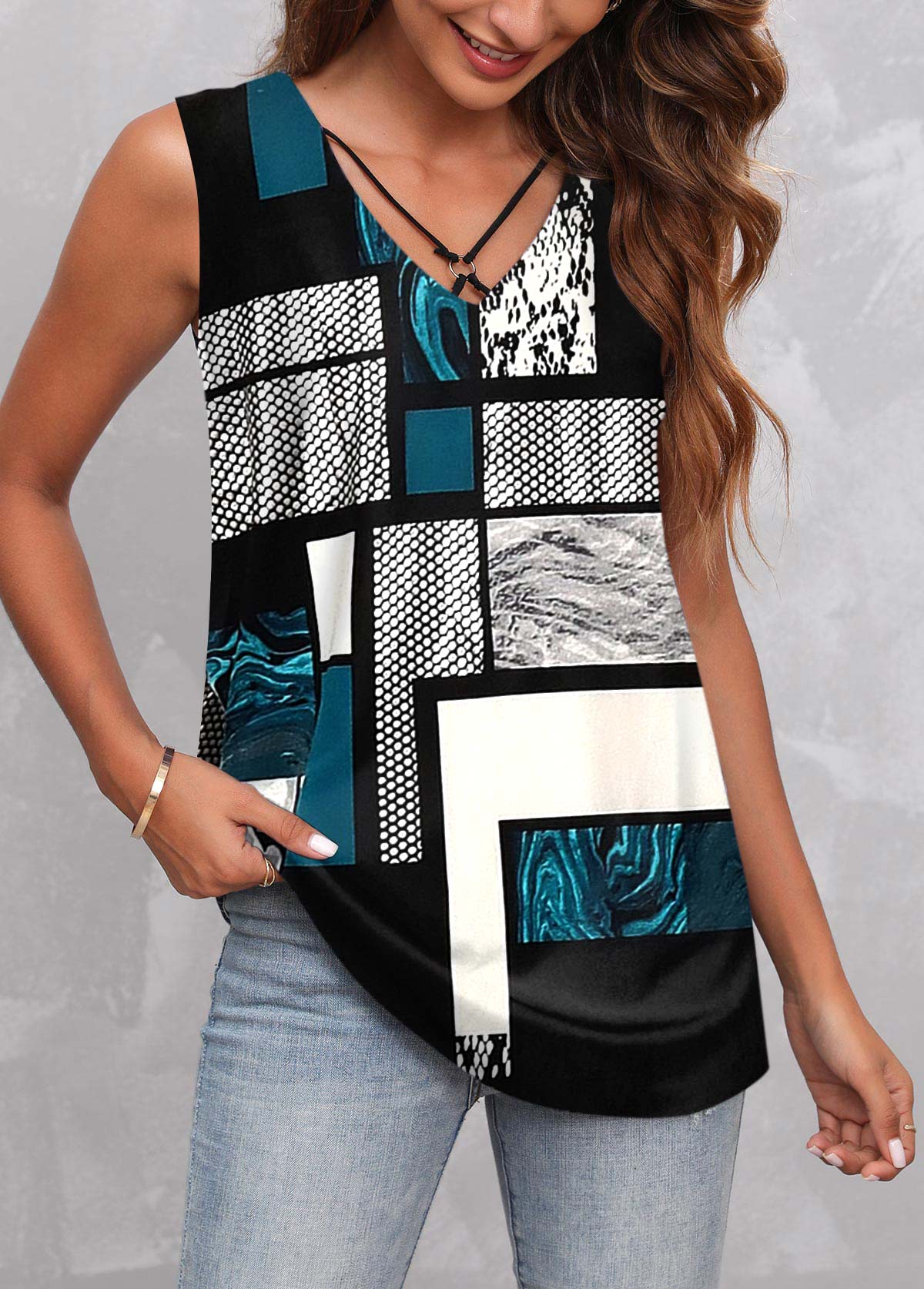 Multi Color tops,Geometric tops,ROTITA Metal Ring Geometric Print Multi Color Tank Top