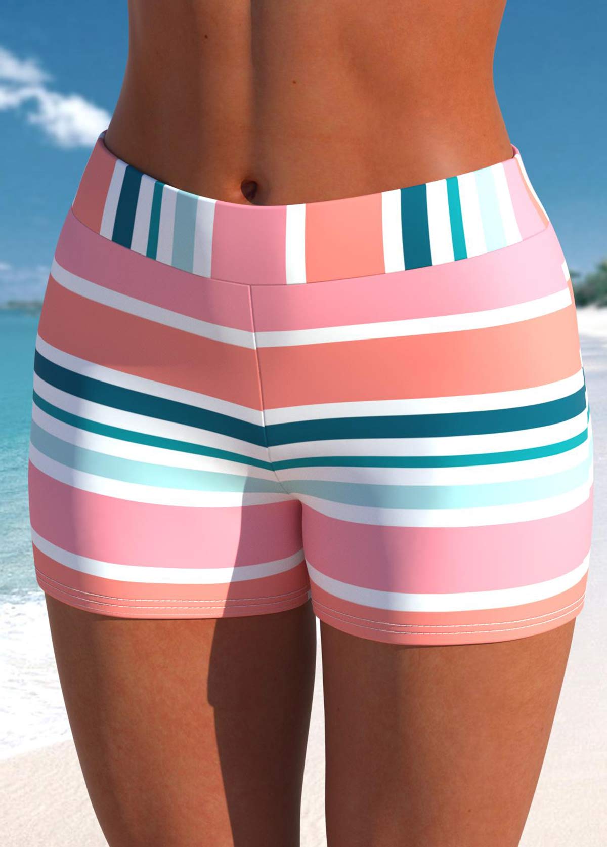 Pink swimwear,Striped swimwear,Geometric swimwear,ROTITA Bowknot Pink Multi Stripe Print Tankini Top