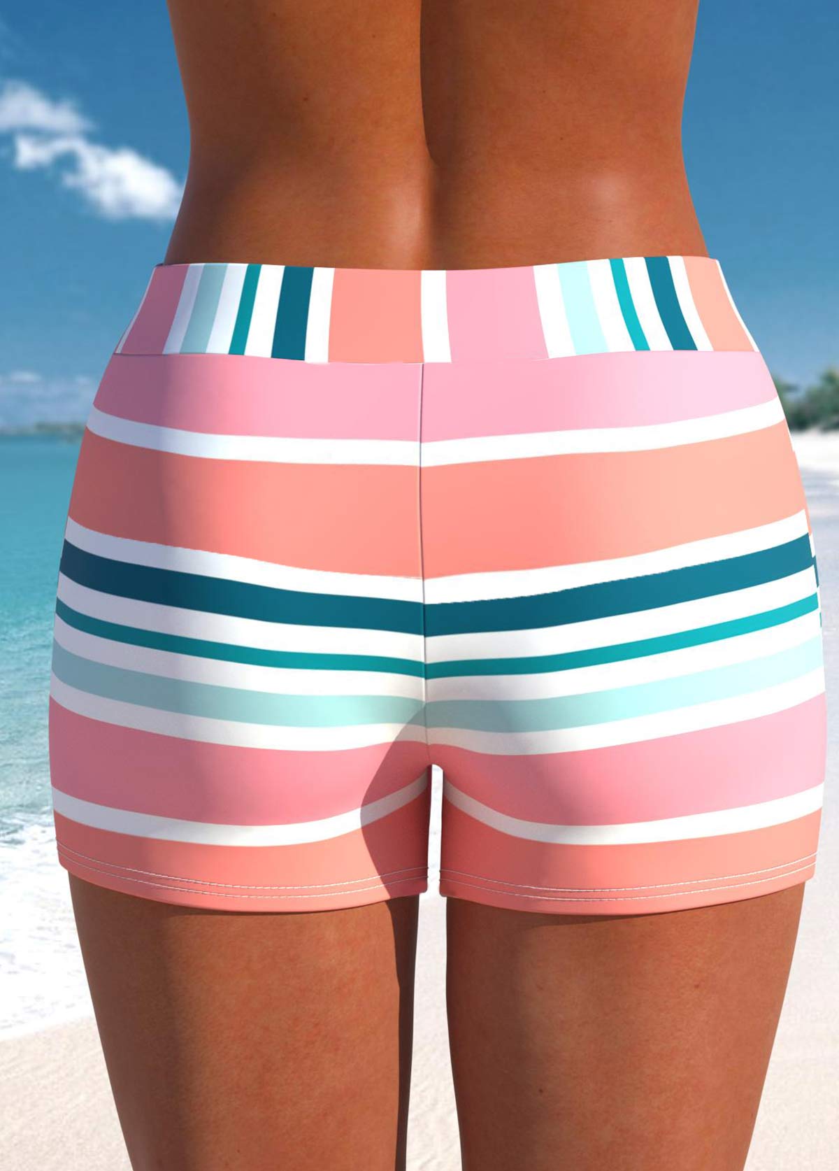 Pink swimwear,Striped swimwear,Geometric swimwear,ROTITA Bowknot Pink Multi Stripe Print Tankini Top