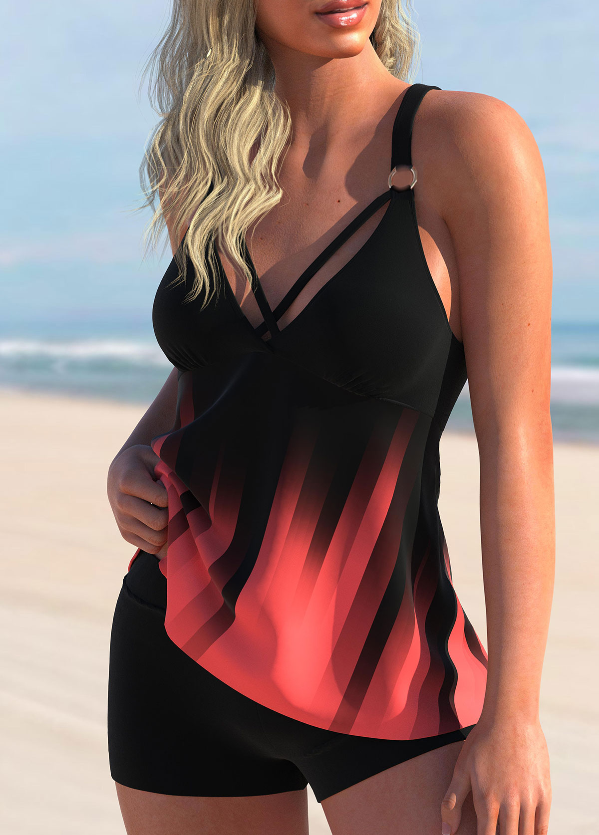 Coral swimwear,Black swimwear,Tie Dye swimwear,Ombre swimwear,ROTITA Criss Cross Coral Red Tankini Top