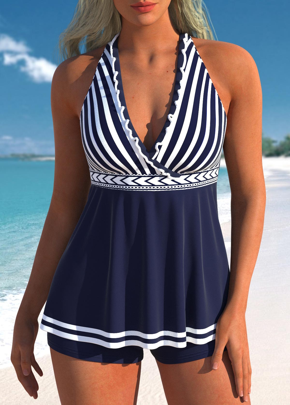 ROTITA Frill Navy Tie Back Striped Tankini Top-No Bottom