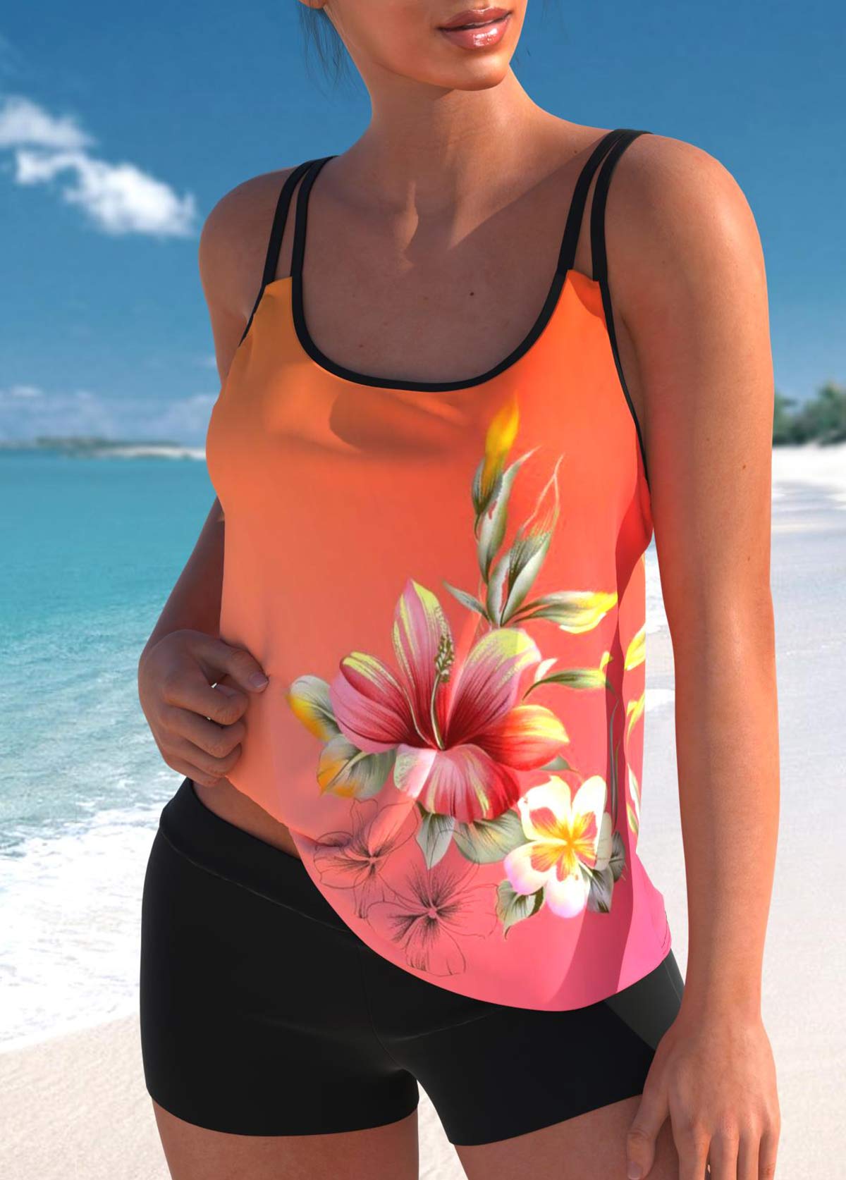 Multi Color swimwear,Floral swimwear,Ombre swimwear,ROTITA Multi Color Floral Print Tankini Top