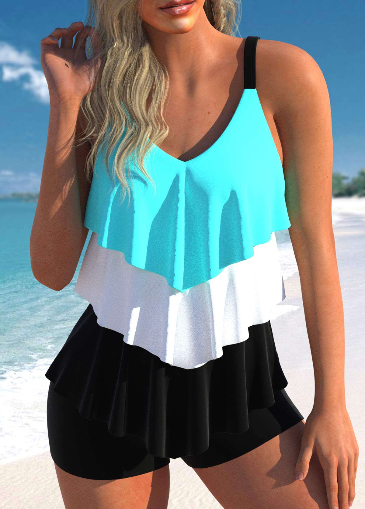 ROTITA Layered Handkerchief Hem Cyan Tankini Top-No Bottom