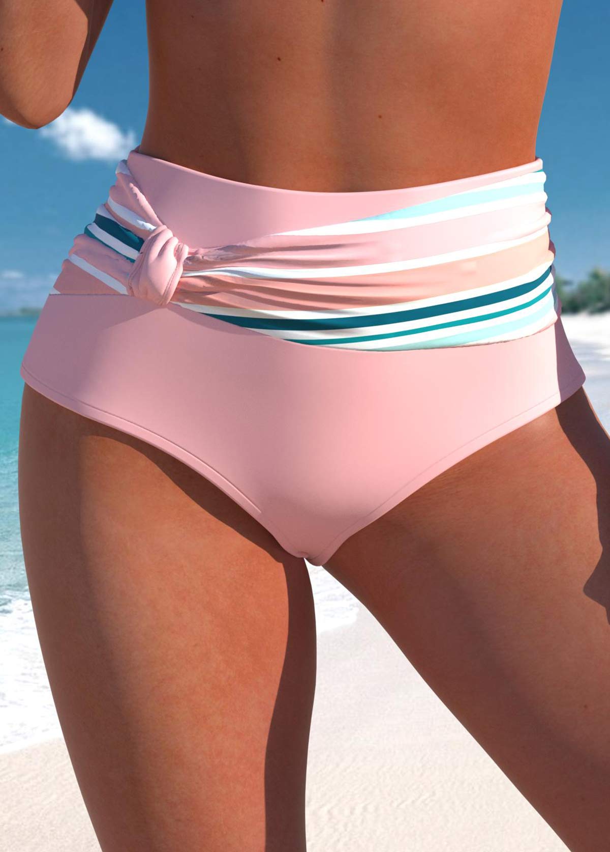 Light Pink swimwear,Striped swimwear,ROTITA Light Pink Multi Stripe Print Bikini Bottom