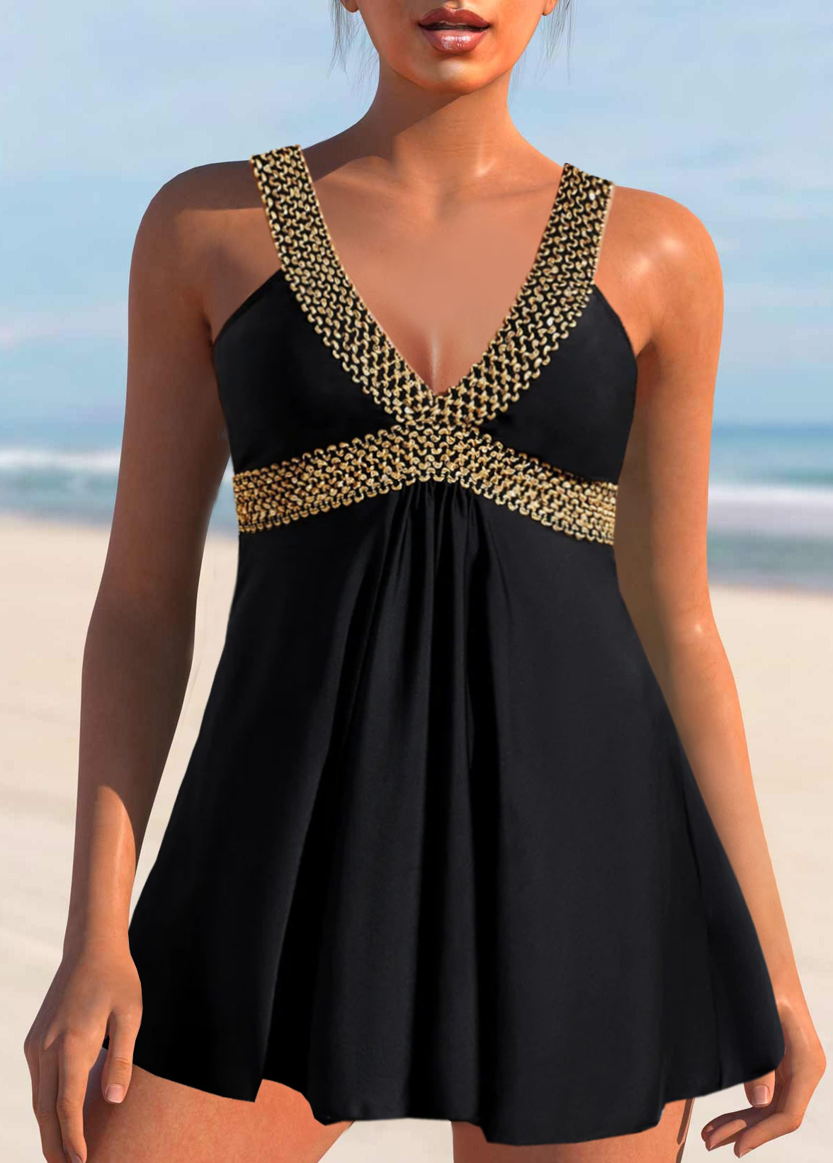 ROTITA Patchwork Wide Strap Black Swimdress Top-No Bottom