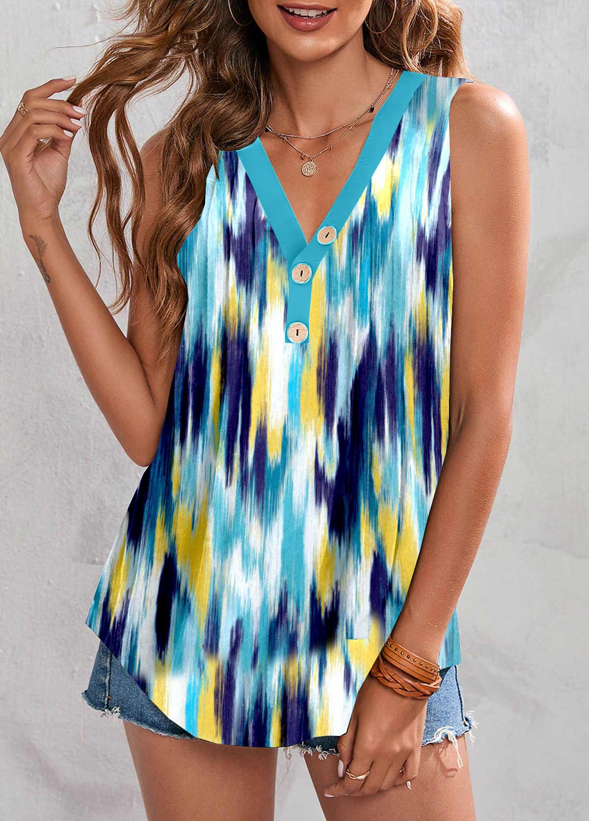 Multi Color tops,Dazzle Colorful tops,ROTITA Button Dazzle Colorful Print Multi Color Tank Top