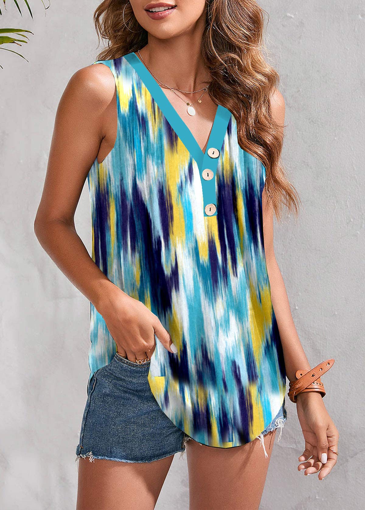 Multi Color tops,Dazzle Colorful tops,ROTITA Button Dazzle Colorful Print Multi Color Tank Top