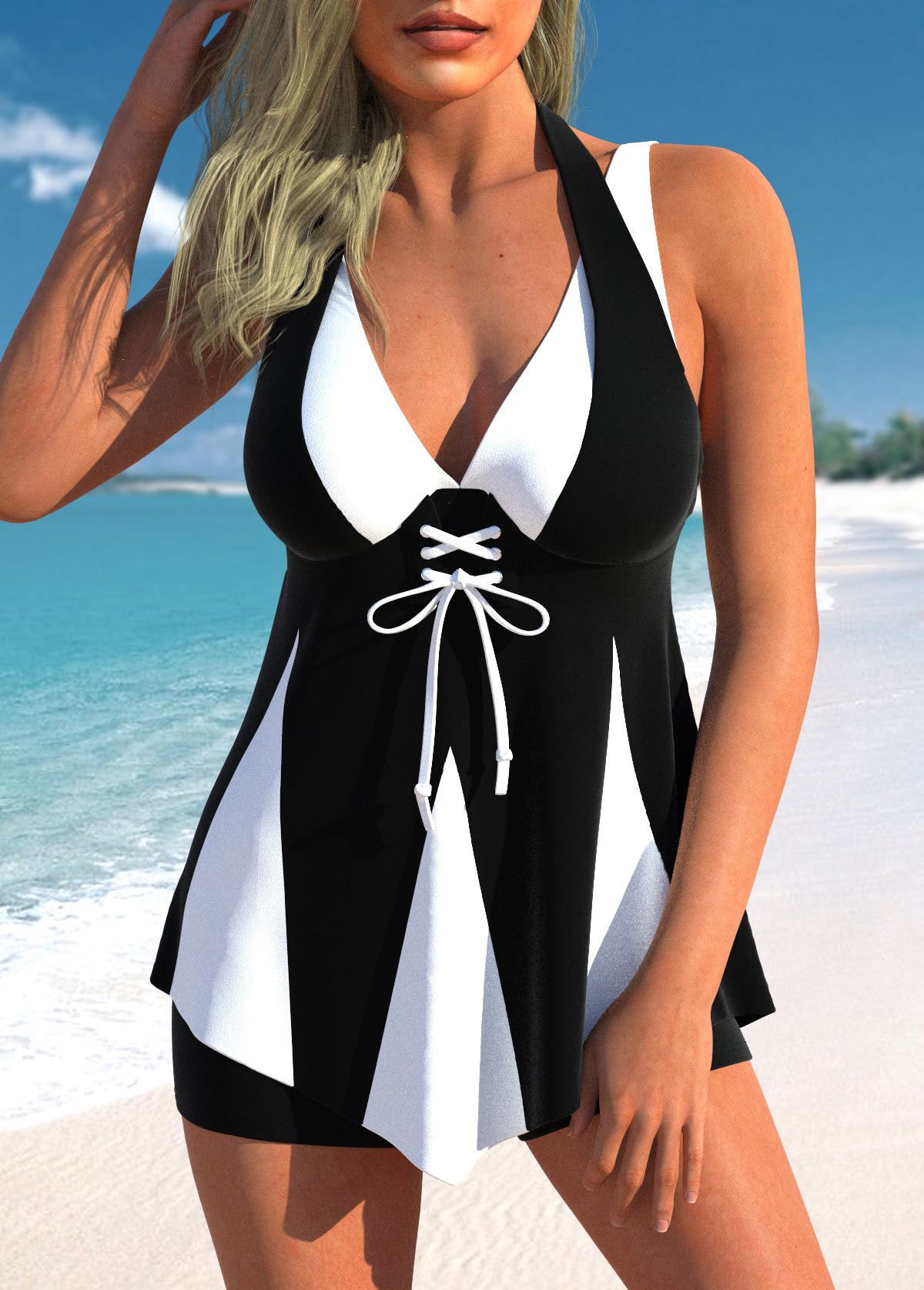 Lace Up Contrast Black Swimdress Set