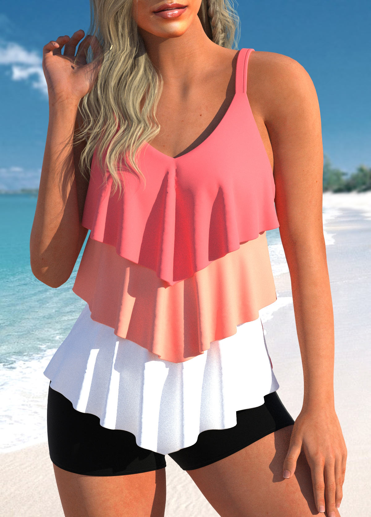 ROTITA Layered Handkerchief Hem Coral Red Tankini Top-No Bottom