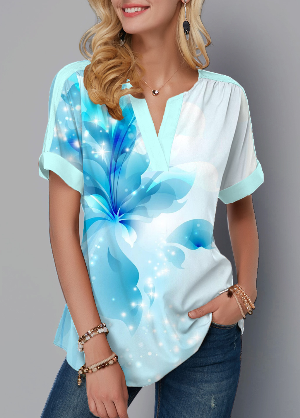 Blue tops,Floral tops,Ombre tops,ROTITA Floral Print Blue Split Neck Short Sleeve Blouse