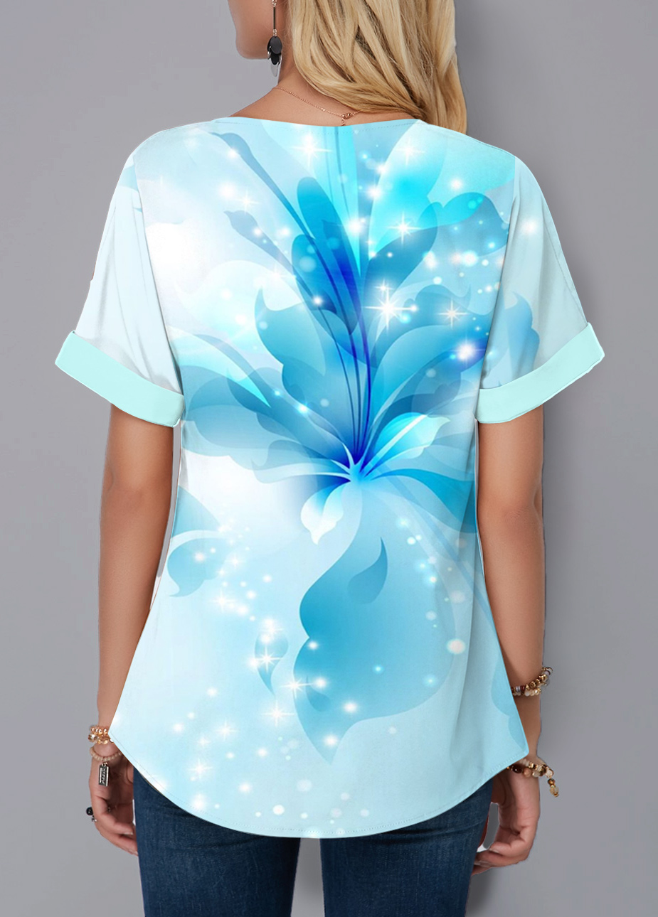 Blue tops,Floral tops,Ombre tops,ROTITA Floral Print Blue Split Neck Short Sleeve Blouse