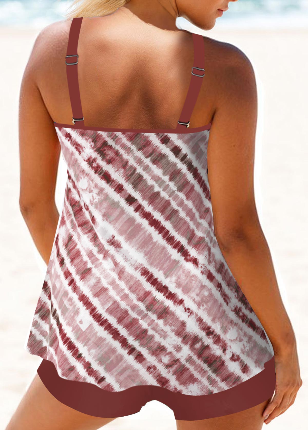 Deep Red swimwear,Tie Dye swimwear,ROTITA Patchwork Deep Red Tie Dye Print Tankini Top
