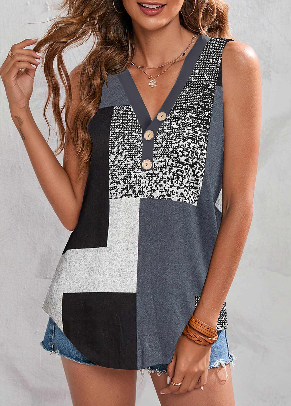Grey tops,Contrast Color tops,ROTITA Button Grey V Neck Tank Top
