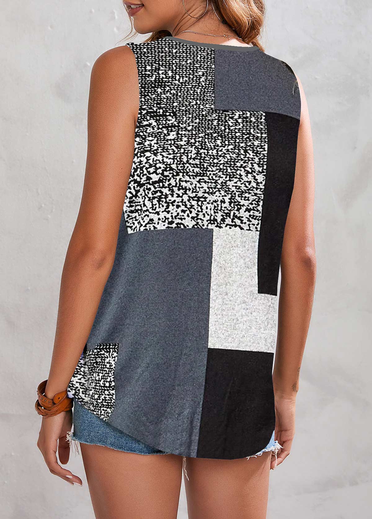 Grey tops,Contrast Color tops,ROTITA Button Grey V Neck Tank Top