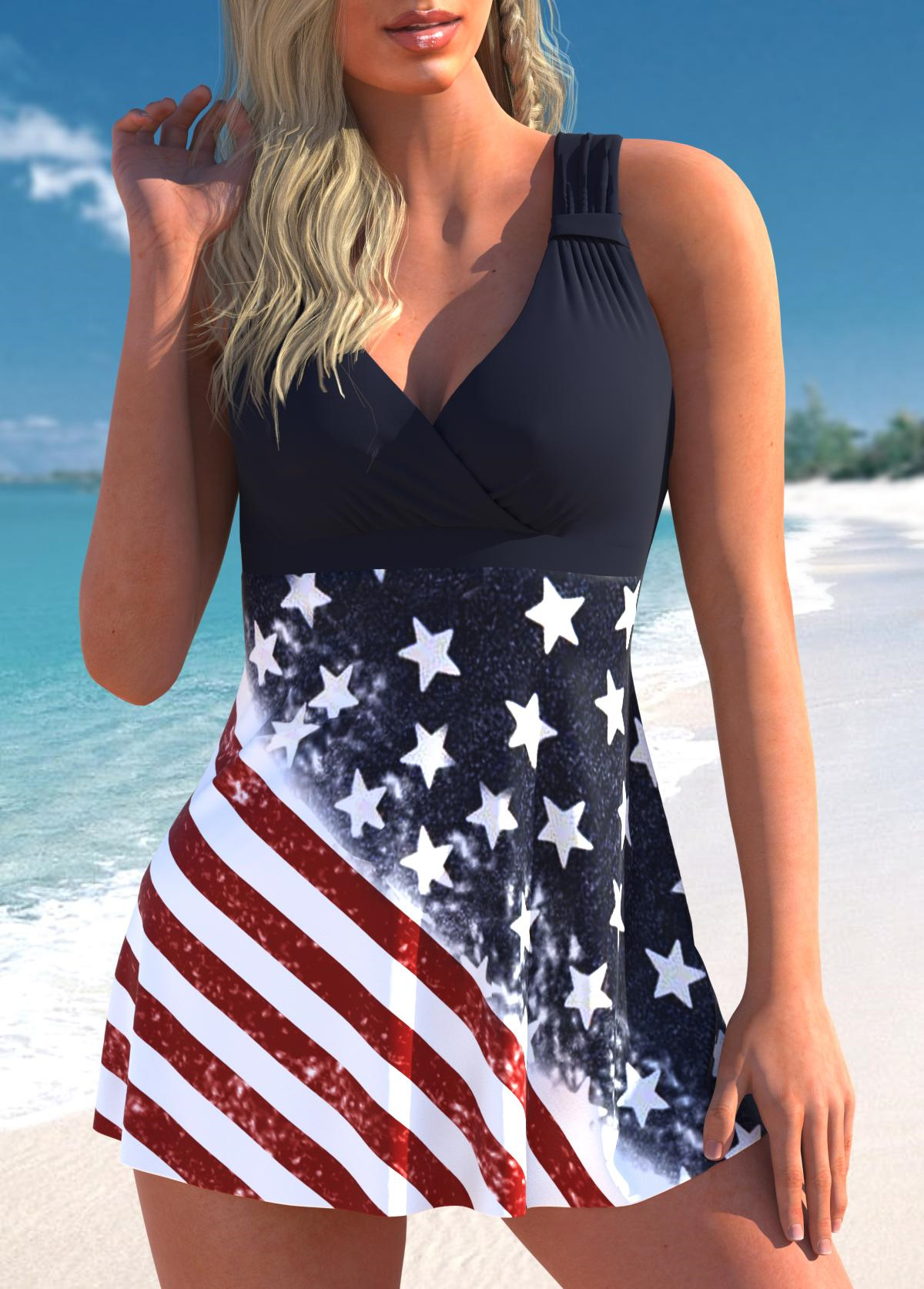 ROTITA Ruched Multi Color American Flag Print Swimdress Top