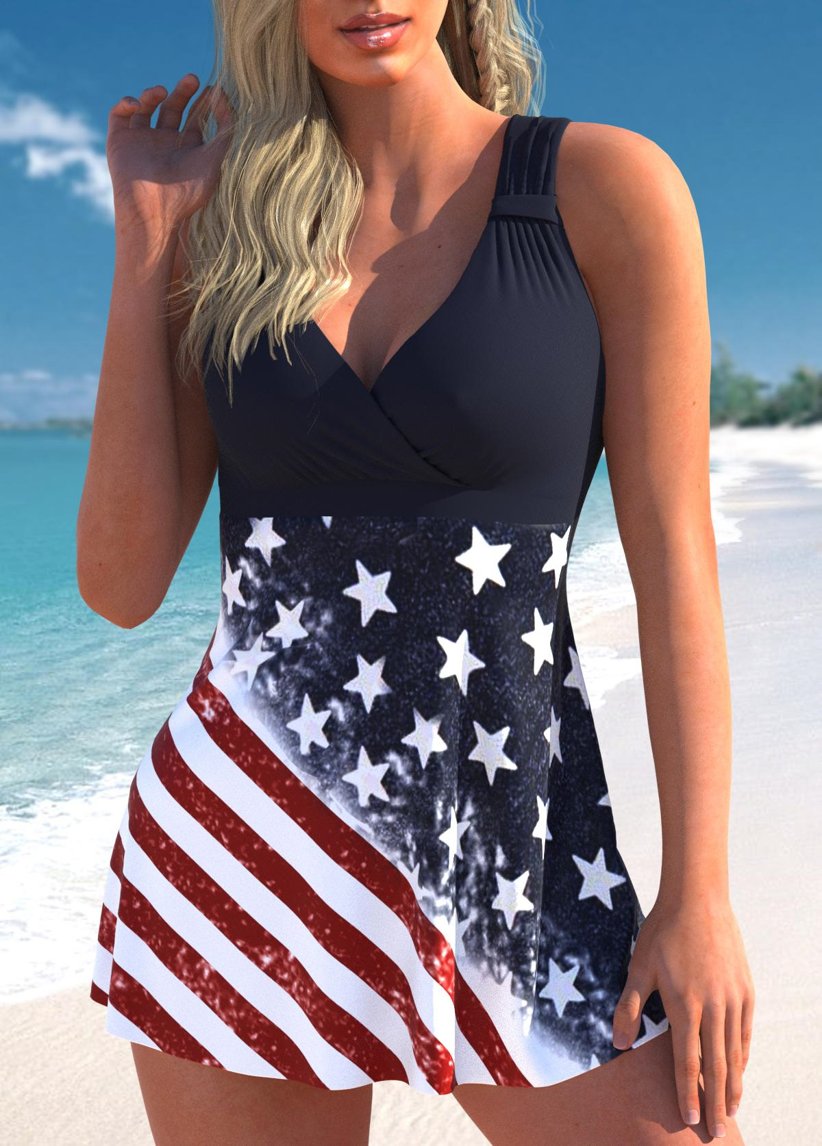 Multi Color swimwear,Flag swimwear,ROTITA American Flag Ruched Multi Color Tankini Top