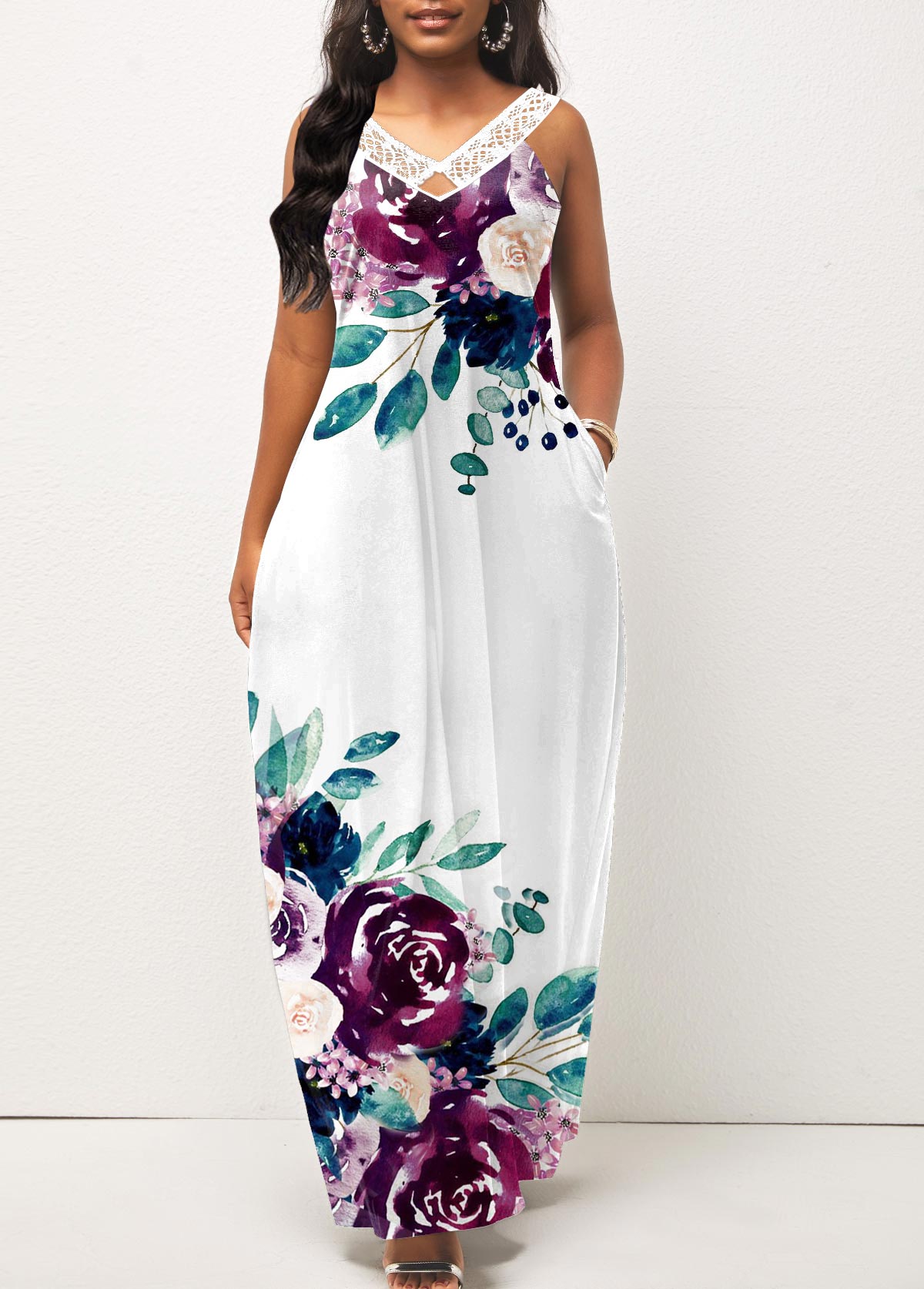 ROTITA Pocket Floral Print White Maxi Dress