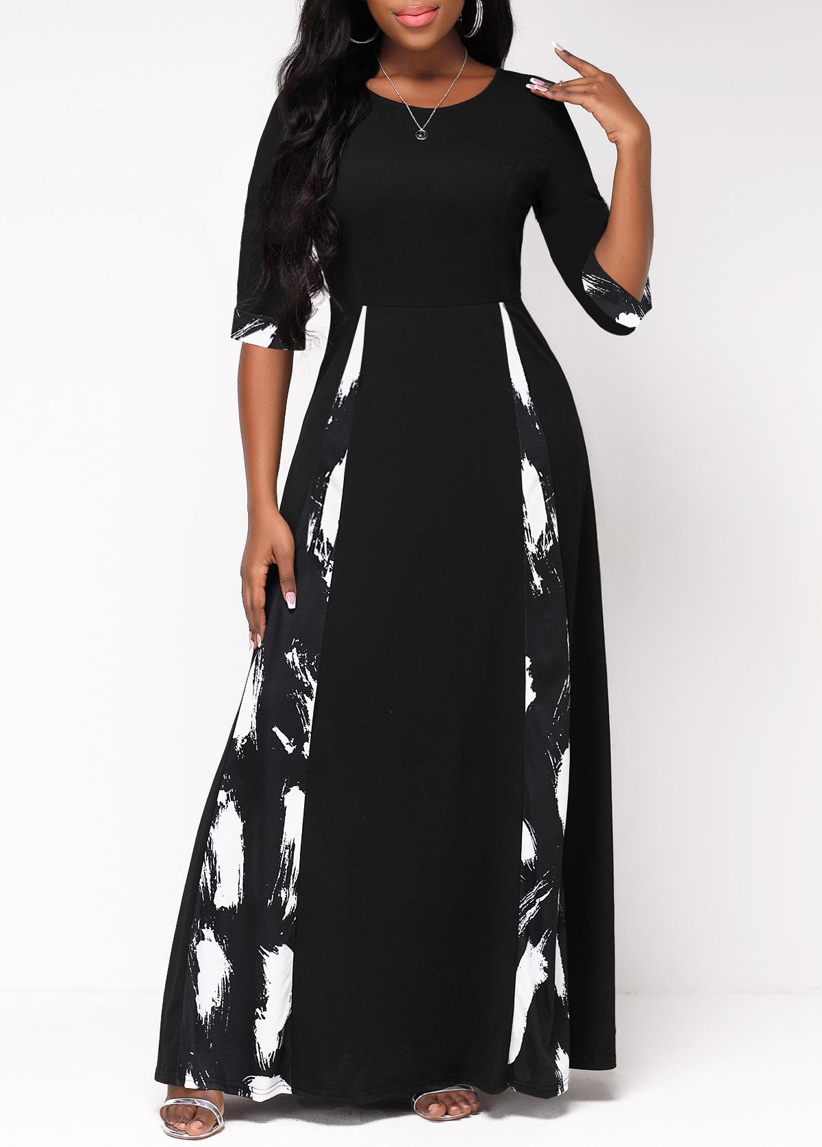 Black dresses,Graphic dresses,ROTITA Insert Graffiti Print Black Maxi Dress