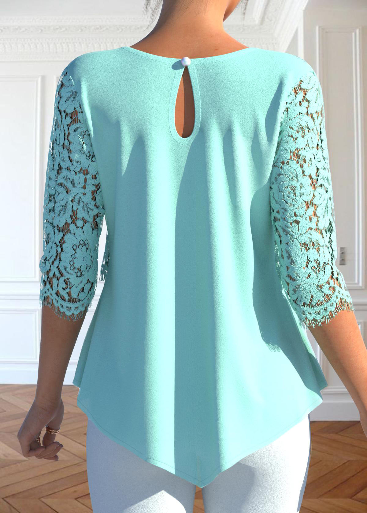 Mint Green tops,Plain Color tops,ROTITA Lace Mint Green Round Neck Blouse