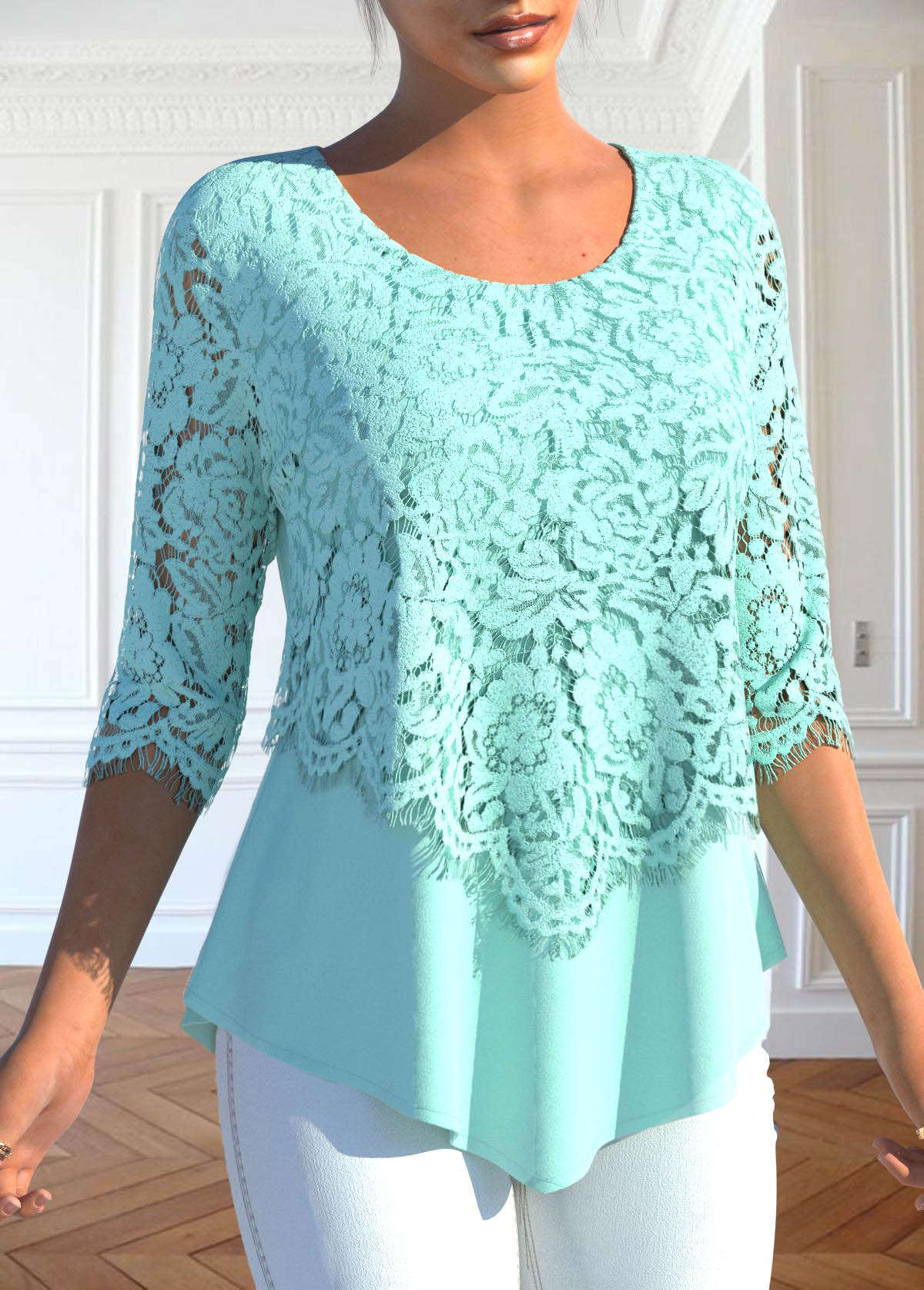 Mint Green tops,Plain Color tops,ROTITA Lace Mint Green Round Neck Blouse
