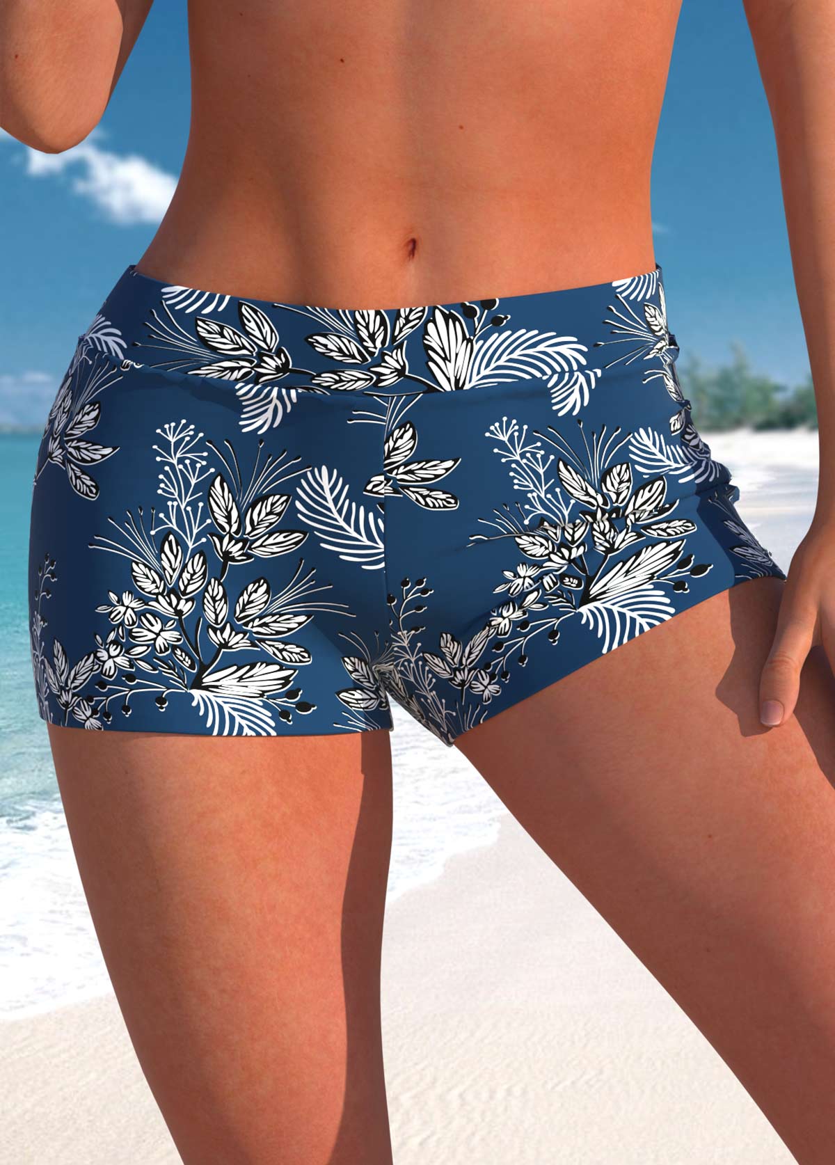 Peacock Blue swimwear,Plants swimwear,ROTITA Fake 2in1 Peacock Blue Leaf Print Tankini Top