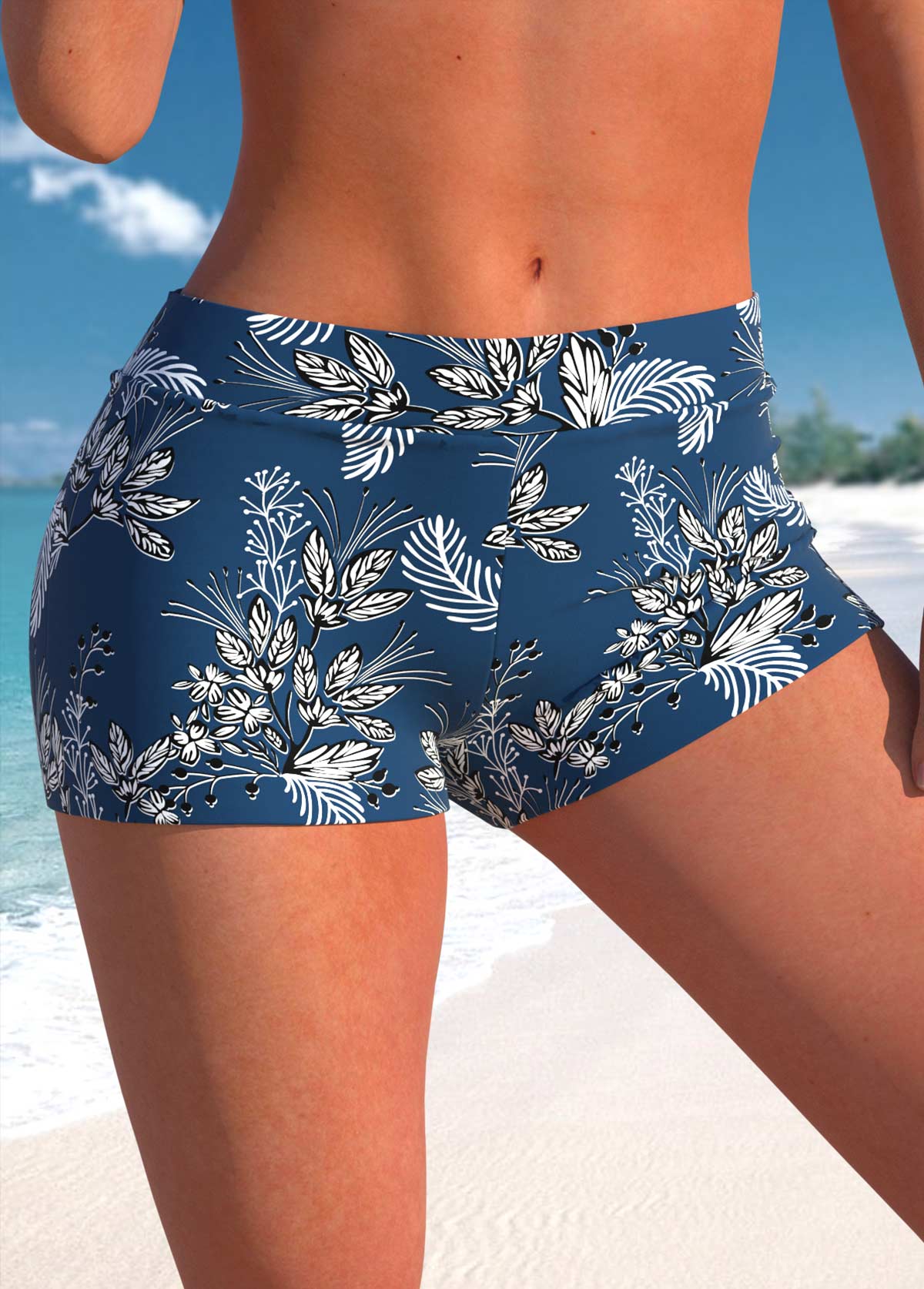 Peacock Blue swimwear,Plants swimwear,ROTITA Fake 2in1 Peacock Blue Leaf Print Tankini Top