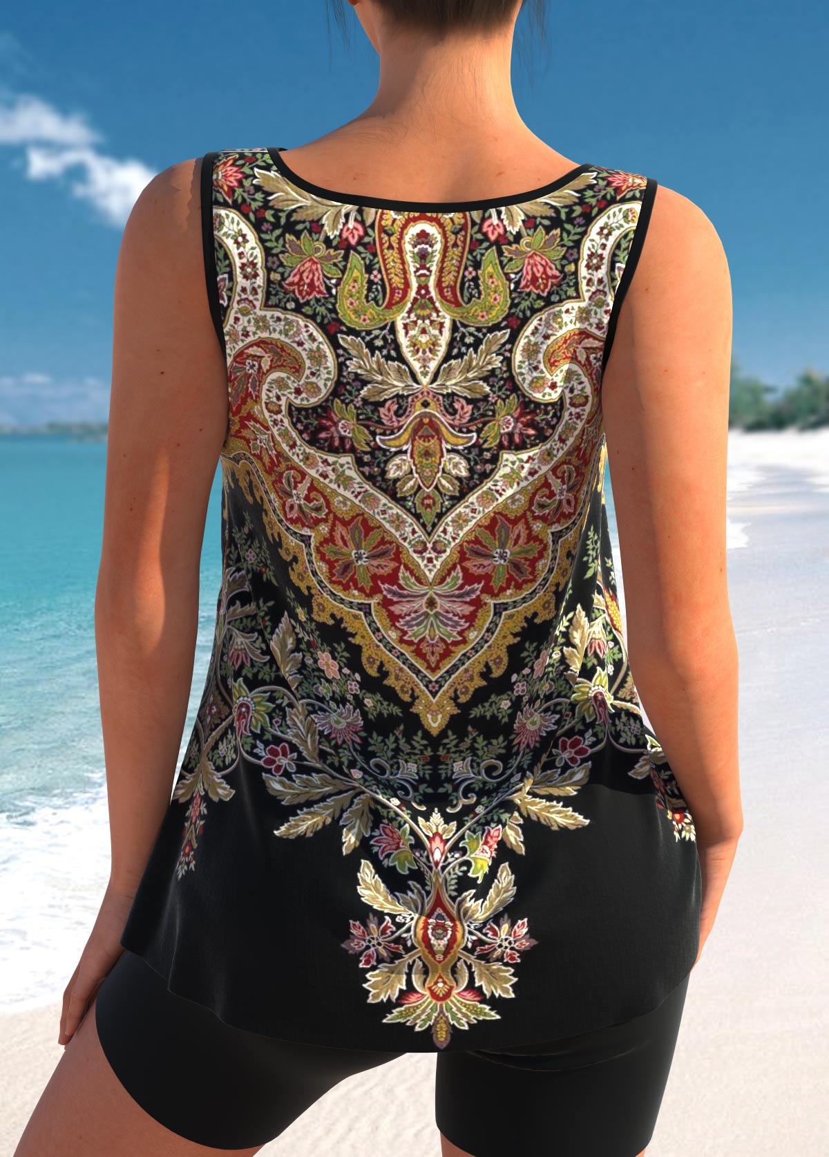 Black swimwear,Tribal swimwear,ROTITA Metal Ring Black Tribal Print Tankini Top