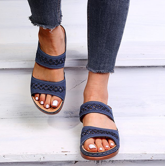 Navy accessories,Plain Color accessories,Navy Falt Open Toe Hollow Sliders